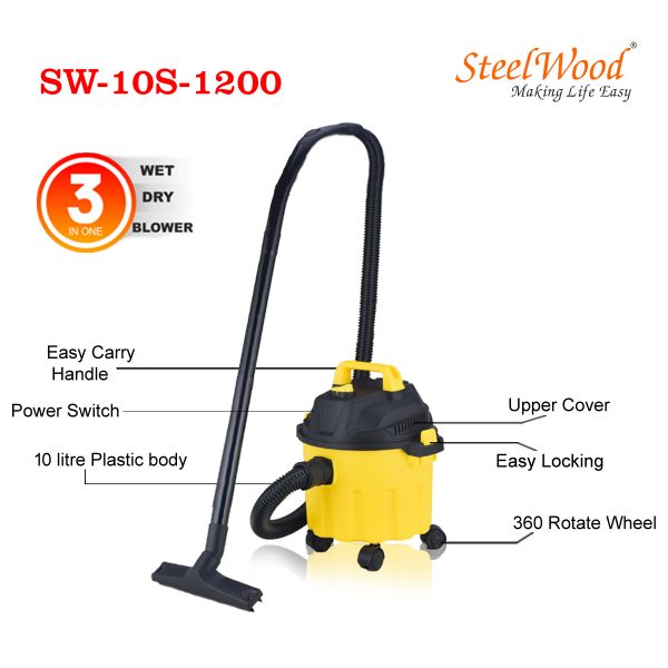 Steelwood Vacuum Cleaner Wet and Dry SW-10S-1200 with 3in1 Multifunction Wet/Dry/Blowing Plastic Vacuum, Powerful Suction,(Yellow/Black) - Image 2