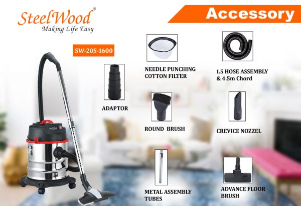 Steelwood 3 in One Vacuum Cleaner SW-20S-1600 / 20L / Stainless Steel - Image 3